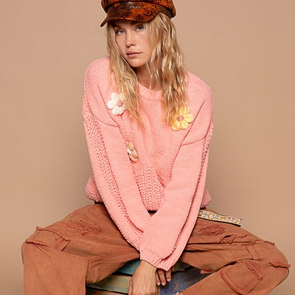 POL Sweaters - Just In! Pol Coral Colored Flower Chenille Sweater Balloon Sleeves NWT Size S-L